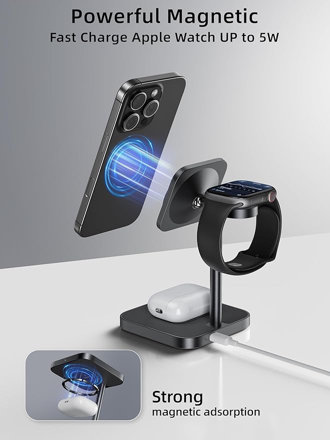 [Qi2 Certified ] LULULOOK 3 in 1 Charging Station 15W QI2 Wireless Charger Stand Magnetic Charger for iPhone 17/16/15/14/13/12 Series AirPods Pro/3/4 Apple Watch with 30W PD Adapter