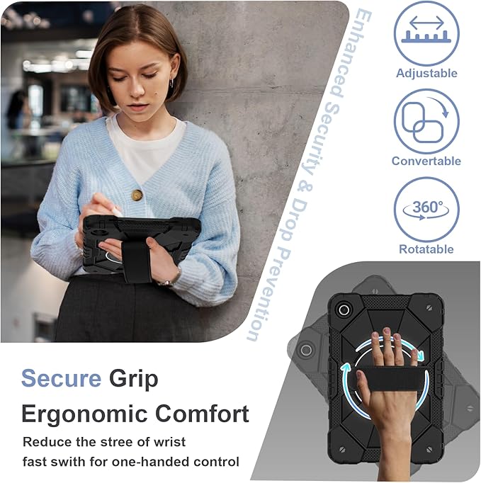 for Samsung Galaxy Tab A11 Plus/A11+ Case 2025 11 Inch Galaxy Tab A9+ Case 2023 Rugged Samsung A11+ Tablet Cover with 360 Rotating Stand Hand Strap Shoulder Strap Screen Protector Black