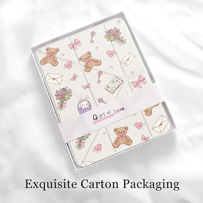 Cute Kawaii Bear Bow for iPad Pro 11 Inch Case 4th/3rd/2nd Generation 2022/2021/2020 with Pencil Holder Auto Sleep/Wake White Leather Acrylic Back Detachable Cover