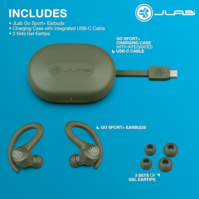 JLab Go Sport+ Wireless Workout Earbuds Featuring C3 Clear Calling Secure Earhook Sport Design 35+ Hour Bluetooth Playtime 3 EQ Sound Settings and IP55 Sweat Resistance (Green)