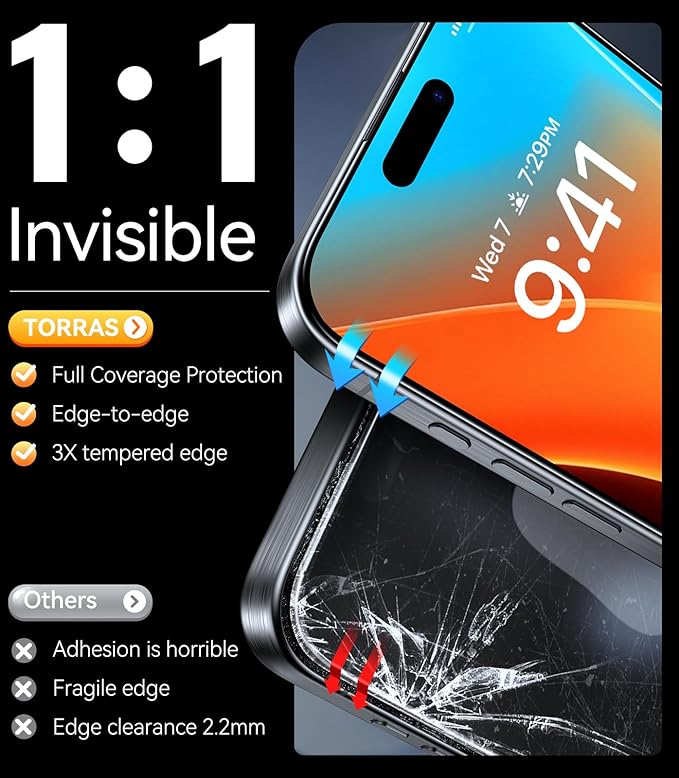 TORRAS Military-Grade Shatterproof for iPhone 16 Pro Screen Protector [9H+ Aerospace Tempered Glass＆ One-Step Installation] Full Coverage Fit Bubble Free Top-Notch Protection 2 Pack GlassGo X