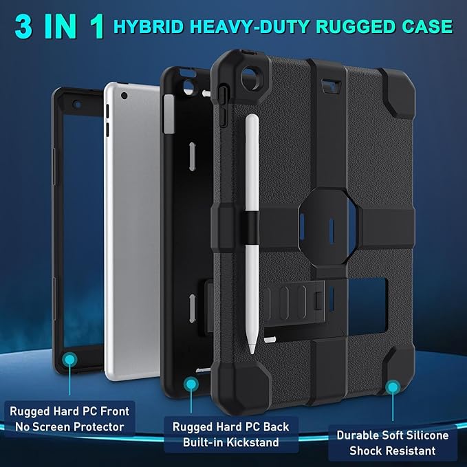 Case for iPad 9th/8th/7th Generation 2021/2020/2019(10.2 inch) Heavy Duty Shockproof Rugged Protective 10.2 Cover with Built-in Stand for iPad 9 8 7 Gen(Black)