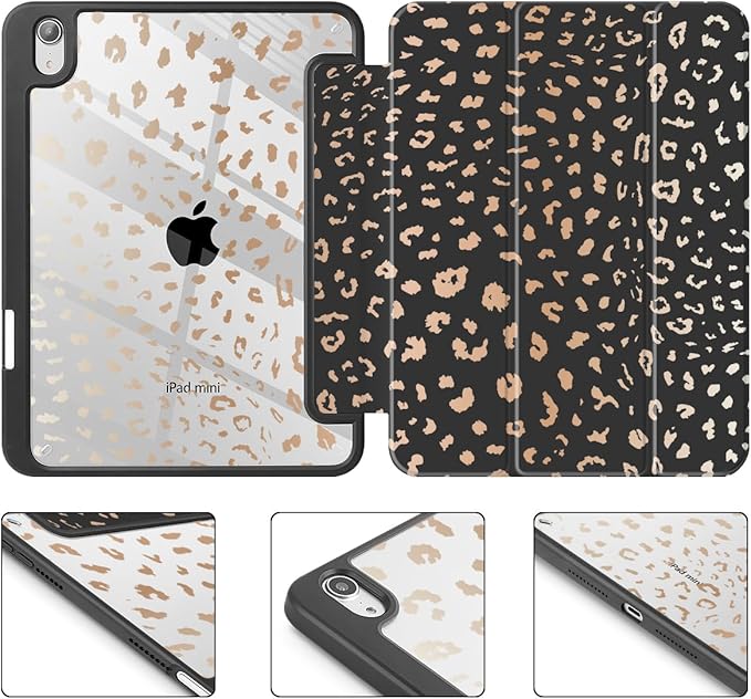 May Chen Slim Case for iPad mini 7 (A17 Pro 7th Generation) 2024 / iPad mini 6 (6th Gen) 8.3 Inch [Built-in Pencil Holder] Shockproof Cover Clear Clear Back Shell Auto Wake/Sleep Leopard Print