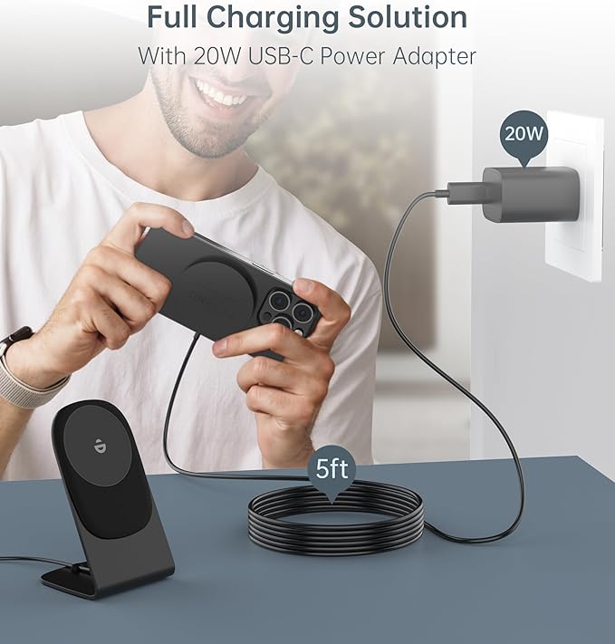 Magnetic Wireless Charger for iPhone 17/16/15/14/13/12 - Mag Charger+20W USB C Adapter Fast Wireless Charging Stand/Pad with 5ft Cable for iPhone 17/16/15/14/13/12 Pro Max Plus Mini 17e AirBlack
