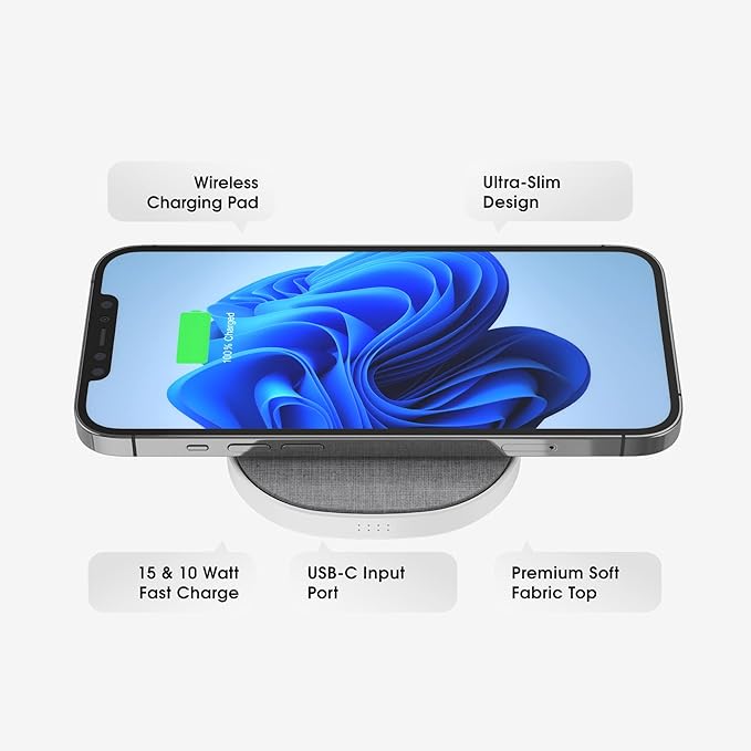 PhoneSuit Novo Wireless Charger Pad | 15 Watt Fast Charger | Linen Style Gray Fabric | for iPhone 16/15/14/13/12/11 Series/Samsung S24 AirPods &amp More