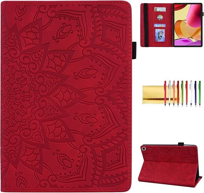 Case for Amazon Fire Max 11 (2023) Techcircle Stylish Mandala Embossed PU Leather Folio Stand Soft TPU Back Cover Slim Lightweight Elastic Band Protective Case with Pen Holder &amp Card Slots Red