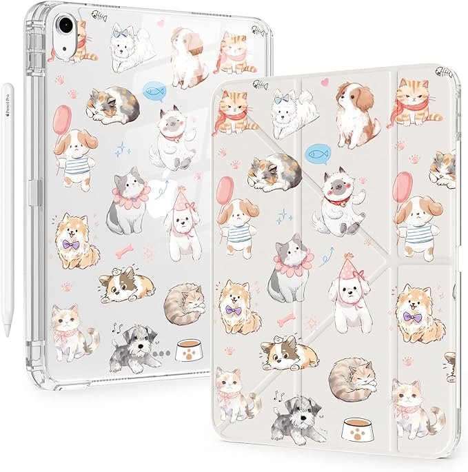 Cute Kawaii Puppy Kitten for iPad Pro 11 Inch Case (M5/M4) 2025/2024 with Pencil Holder Auto Sleep/Wake White Leather Acrylic Back Detachable Cover
