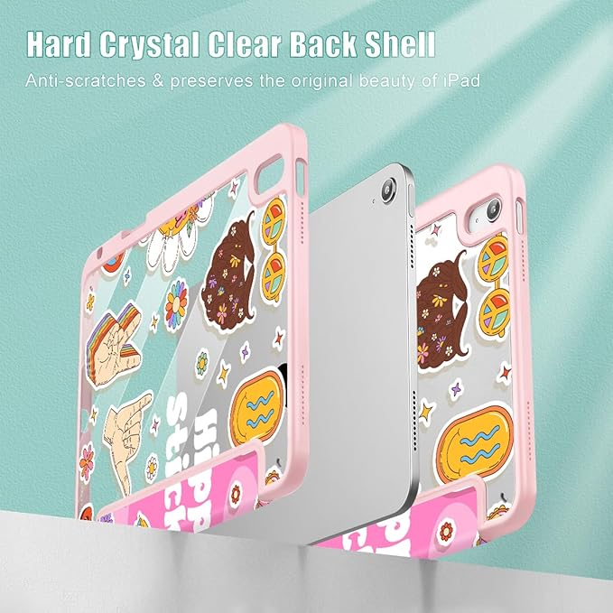 Case for iPad (A16) 11th Generation 11 Inch (2025) iPad 10th Generation 10.9 Inch (2022) Shockproof Cover with Clear Transparent Back Shell &amp Pencil Holder Groovy Hippie Stickers