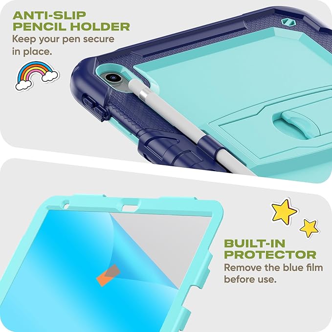 HXCASEAC Kids Case for iPad A16 11th/10th Generation Full Body Protective Design | Foldable Stand | Screen Protector | Pencil Holder Durable for iPad 11th Gen 11 inch / 10th Gen 10.9 inchNavy+Blue