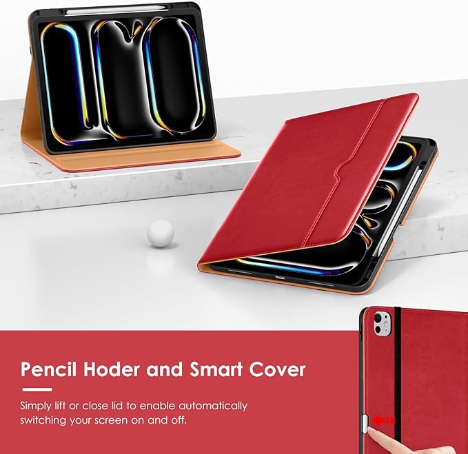 VIKESI Case for iPad Pro 13-inch M5 or M4 Released in 2025 or 2024 Leather Stand Cover with Apple Pencil Holder Auto Wake/Sleep Multiple Viewing Angles Built in Hand Strap &amp PocketRed