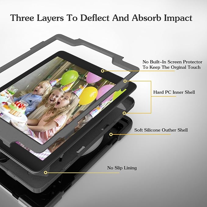 Galaxy Tab A 9.7 Case KIQ Full-Body Shock Proof Hybrid Heavy Duty Armor Protective Case for Samsung Galaxy Tab A 9.7 2015 SM-T550 with Kickstand and Screen Protector (Shield Black)