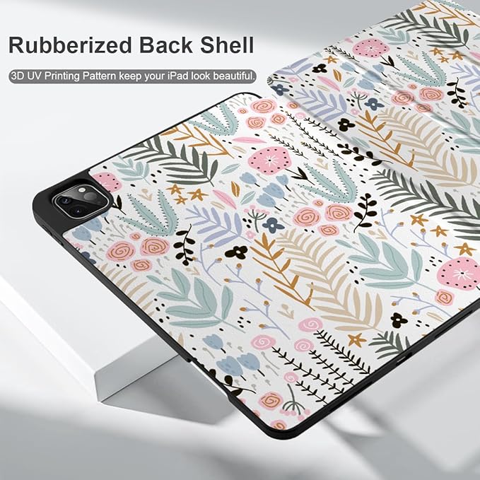 DONGKE Case for 2022/2021/2020/2018 iPad Pro 11 inch Gen 4/3/2/1 - Slim Protective Case - Built in Pencil Holder Support Charging - Trifold Stand &amp Sleep/Wake Cover - Tiny Flowers