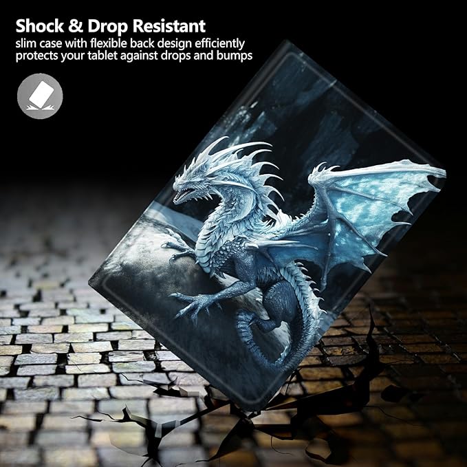 DIGTIALLL Case for Amazon Kindle Fire 7 Tablet Case (12th Gen 2022 Release) PU Leather Smart Protective Cover with Auto Sleep/WakeBlue Dragon with Wings