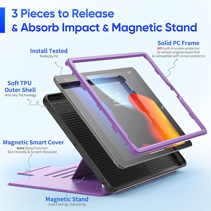 SEYMAC stock Case for iPad 9th/8th/7th Generation 10.2'' Strong Magnetic Auto Sleep Shockproof Case with Absorbing Multi-Angles Stand Pen Holder Card Slot (Purple)