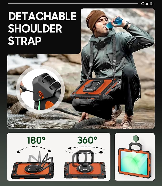 Cantis Case for Samsung Galaxy Tab A11 Plus 11 Inch 2026 (SM-X230/X236/X238) Shockproof Case for Tab A11+ with Screen Protector/Rotating Stand/Pen Holder/Shoulder Strap (Black+Orange)