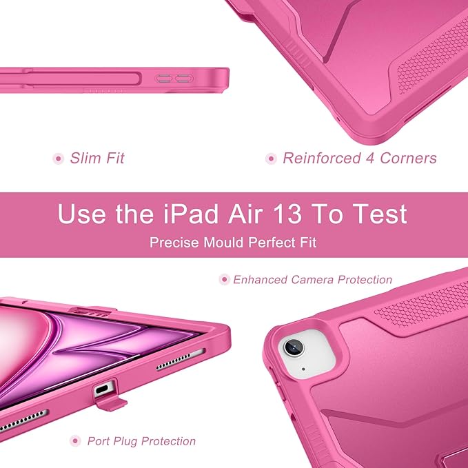 Soke Case for iPad Air 13-Inch M4 2026 M3 2025 &amp M2 2024with Built-in Screen Protector and Kickstand Rugged Full-Body Heavy Duty Protective Cover for Apple iPad Air 13 - Hot Pink