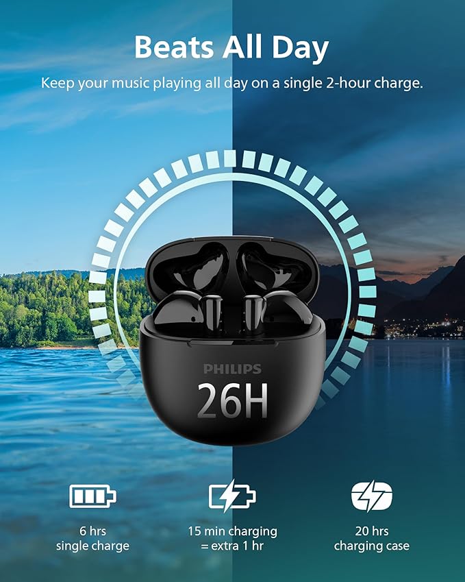 Philips TAT1139 Wireless EarbudsTrue Wireless HeadphonesPowerful Bass with 13 mm DriverClear Call with AI Mic26-Hour Battery LifeFast ChargingBluetooth v5.4IPX4 RatingErgonomic DesignBlack
