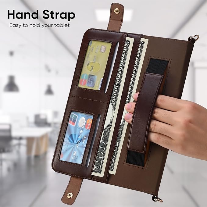 Tablet Carrying Shoulder Bag Case for Samsung Galaxy Tab S10+ Plus/ S9 FE+ Plus 5G/ S9+ 12.4 PU Leather Hand Strap Crossbody Shoulder Strap Cards Holder Pocket S Pen Holder Stand CaseDark Coffee