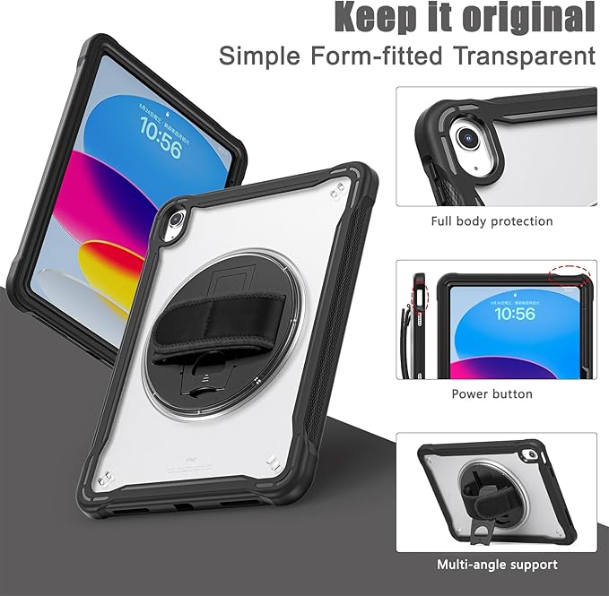 Case for iPad (A16) 11th/10th Generation 2025/2022 11/10.9 inch Rugged Shockproof Protective Cover with Screen Protector 360° Rotating Hand Strap&ampStand Pencil Holder Transparent Black