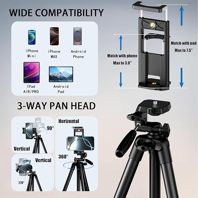 KINGJOY 71 Camera &amp Phone Tripod Lightweight Travel Stand with 2-in-1 Tablet Mount Wireless Remote and 3-Way Pan Head Max 6.6LB Compatible with Canon Nikon iPhone 17/16 Pro Max DSLR Vlogging