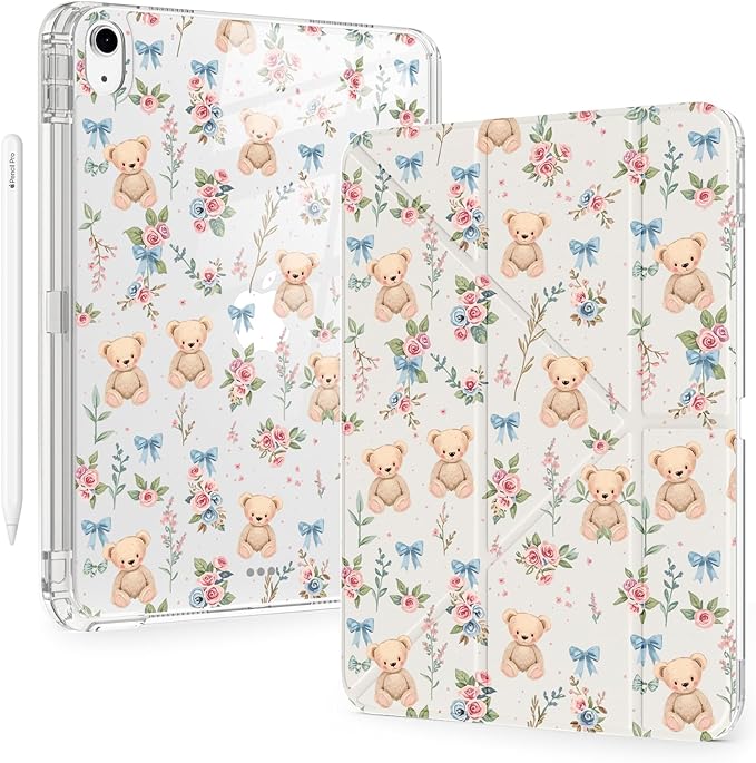 Cute Kawaii Bear Flower for iPad 7th/8th/9th Generation Case 10.2 Inch 2019/2020/2021 with Pencil Holder Auto Sleep/Wake White Leather Acrylic Back Detachable Cover