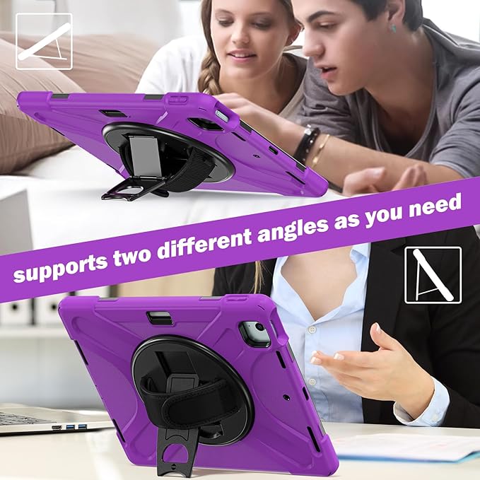for iPad Air 13-inch M2 (2024) A2898/A2899 for iPad Pro 12.9 Rugged Case Portable Heavy Duty Shock-Proof Armor Cover with Swivel Kickstand/Hand Grip Shoulder Strap Pencil Holder (Purple)