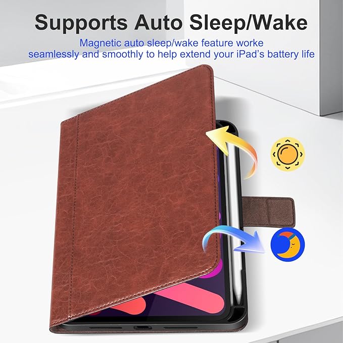 Genuine Leather Case for iPad mini 7th/6th Gen 8.3 inch Premium Folio Cover with Apple Pencil Holder Auto Wake/Sleep Adjustable Stand &amp Magnetic Closure Red Brown