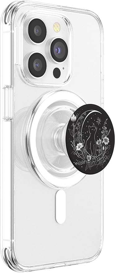 Cat Sitting On Crescent Moon Flowers Stars Drawing PopSockets PopGrip for MagSafe