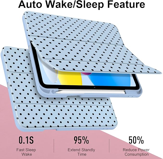 Case for iPad A16 11th Generation 11 inch 2025 iPad 10th Generation 10.9 inch 2022 -[Built-in Pencil Holder] Shockproof Clear Hard Back Trifold Stand Auto Wake/Sleep Blue Polka dot