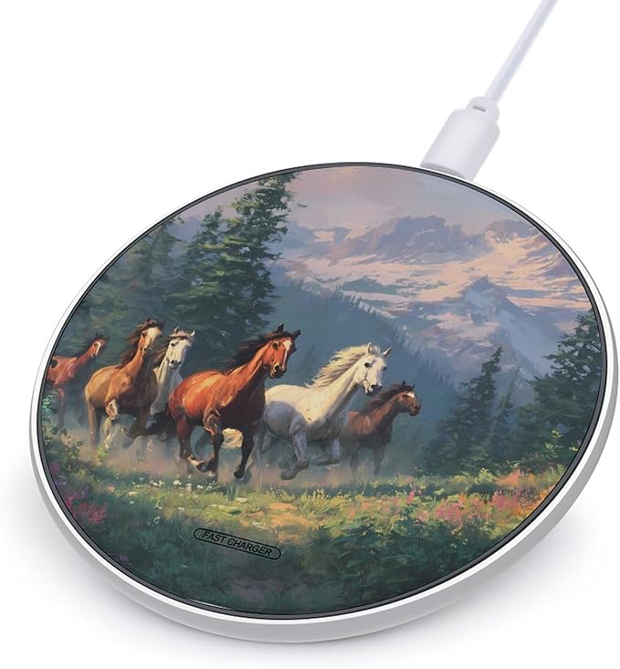 Wild Horses Galloping Snowy Mountains Fast Portable Charger 10W Funny Graphic Phone Charging Pad with USB Cable