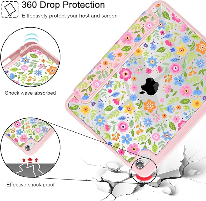 May Chen Case for iPad Air 13 Inch M4 2026 M3 2025 M2 2024 [Built-in Pencil Holder] Shockproof Cover with Clear Transparent Back Shell Auto Sleep/Wake Cover Small Flowers