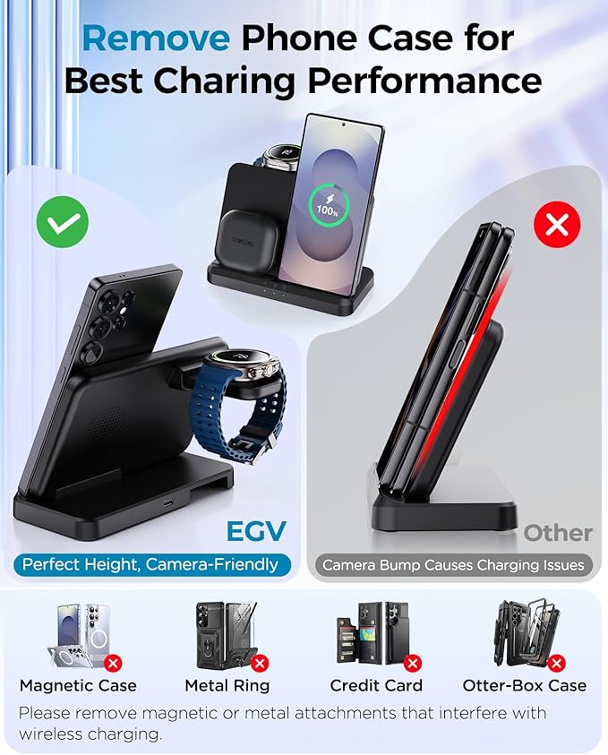 EGV Wireless Charger for Samsung – 3 in 1 Wireless Charging Station for Galaxy S26 Ultra S25 S24 Z Fold Flip 7/6 Detachable Watch Charger for Galaxy Ultra 8/7/6 Foldable Fast Charging No Adapter