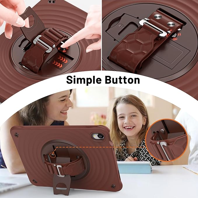 Case for iPad A16 11-inch (2025) &amp iPad 10th Gen 10.9-inch (2022) HD Screen Protector Strong Military-Grade Full-Body Shockproof Protection 360° Rotating Handle Strap &amp Shoulder Strap Choc