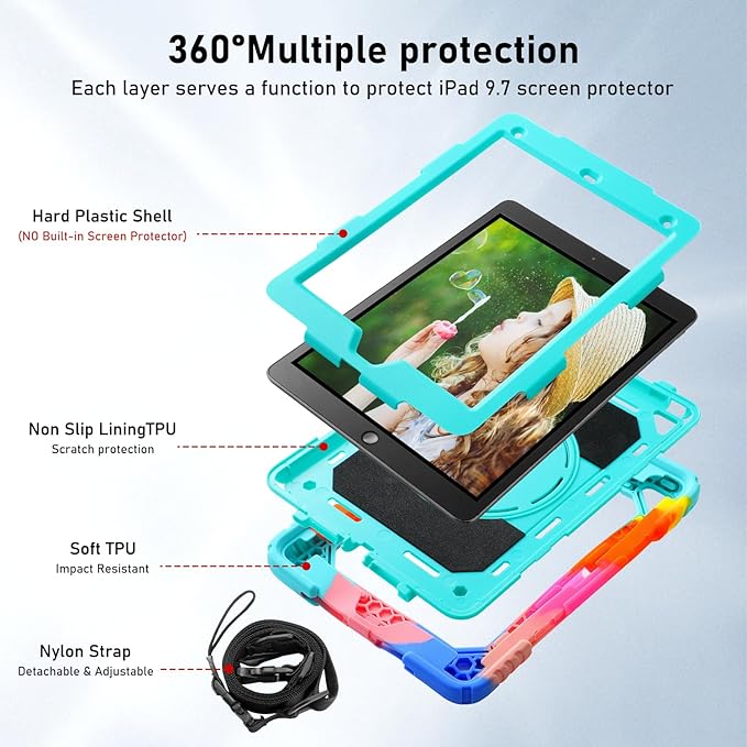 for iPad 6th Generation/iPad 5th Gen/iPad Air 2/iPad Pro 9.7 Case with Cute Key Chain Rugged Protective Case with Rotating Stand &amp Shoulder Hand Strap for iPad 6th/5th/ Air 2 (Rainbow Aqua)
