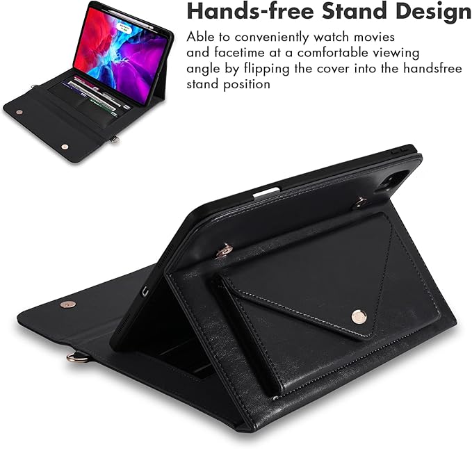 Dteck Case for iPad Air 13 (M2) 2024/iPad Pro 12.9 inch 6th/5th/4th/3rd GenerationPremium PU Leather Folio Stand Cover Pencil Holder Zipper Pocket Strap Shockproof Protective Business CaseBlack
