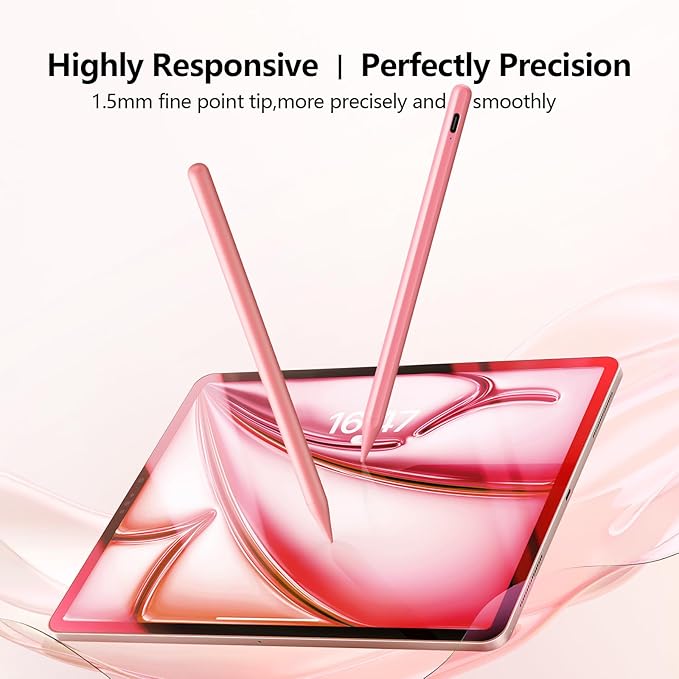 Stylus Pen for iPad 6th-11th Generation-2X Fast Charge Active Pencil Compatible with 2018-2026 Apple iPad Pro 11/12.9/M4 iPad Air 3/4/5/M2/M3/M4iPad mini 5/6/7 Gen-Pink