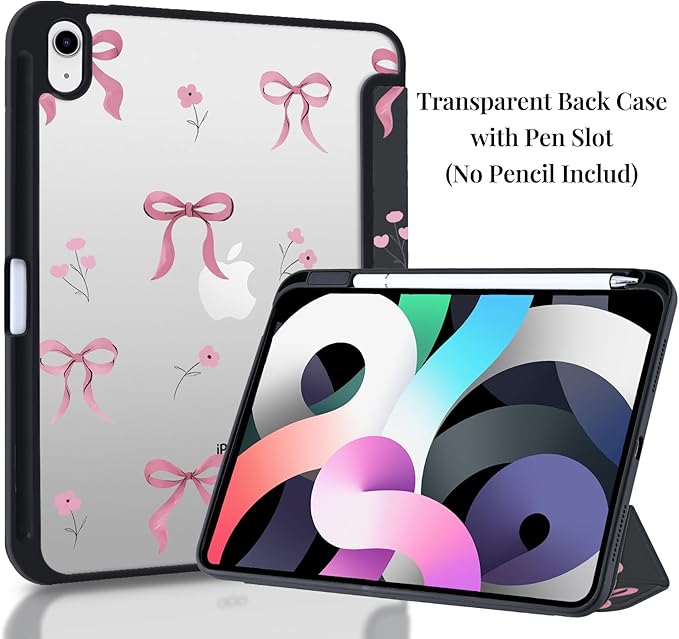 Cute Case for iPad mini 7th(A17 Pro) 2024 / Mini 6th Gen 8.3 2021 Pink Bow Tie Flower Clear Hard Back Hybrid Casewith Pencil Holder Trifold Stand Slim Cover for Women