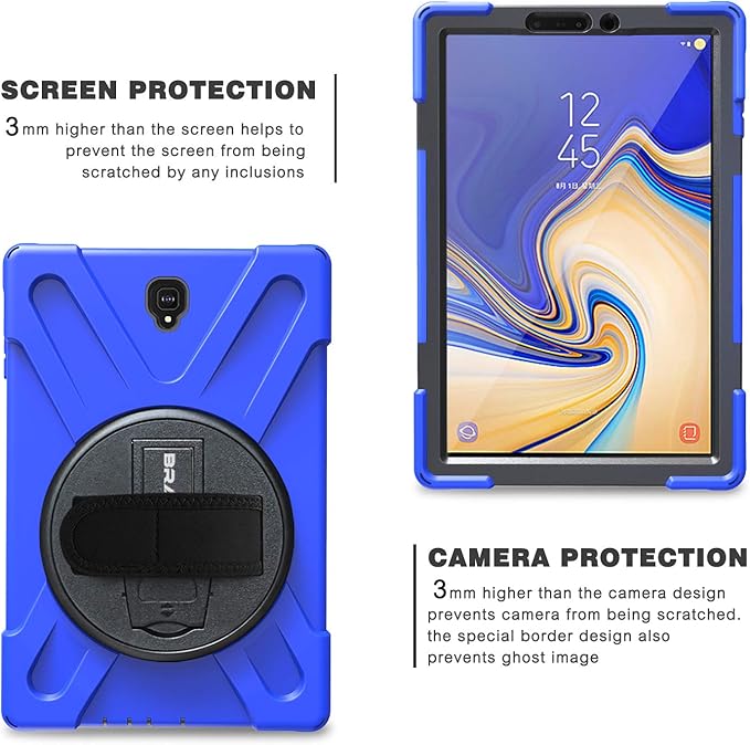BRAECN for Galaxy Tab S4 10.5 2018 CaseThree Layer Heavy Duty Drop-Proof Protective Silicone Case with Kickstand+Hand Grip+Carrying Strap for Samsung Tab S4 10.5 Inch T830/T835/T837 2018 (Blue)