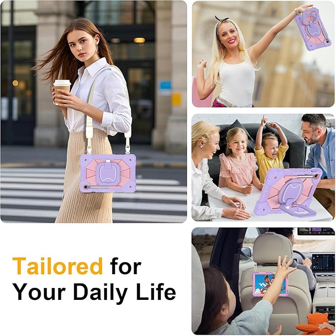 Case for Samsung Galaxy Tab S10 Lite/S10 FE/S9 FE 10.9 Inch Galaxy Tab S9 11 Inch Cute Rugged Galaxy S10 Tablet Cover w/Pen Holder Rotating Stand Shoulder Strap for Kids Girls Purple Rose