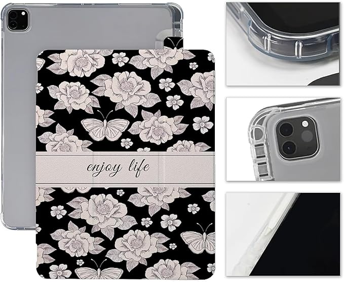 Vintage White Flowers and Butterflies Case Compatible with IPad 9th 8th 7th Generation 10.9 Inch 2021/2019/2018Funny Cover with Trifold Stand + Pencil Holder for Boys GirlsiPad Pro 11inch 2024