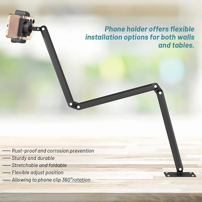 Wall Mount Phone HolderPhone Holder for Desk Bed3-Stage Aluminium iPhone StandFoldable Extendable Arms Heavy Duty Drilling BaseCompatible with 3.5~7.5 iPhone/HTC/LG/Huawei/Galaxy/Smartphones