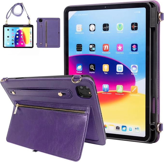 Dteck Case for iPad Air 13 inch M2 2024/iPad Pro 12.9 Case 6th/5th/4th/3rd Generation 2022/2021/2020/2018Premium PU Leather Shockproof Protective Case Zipper Pocket Strap Soft TPU Back CoverPurple
