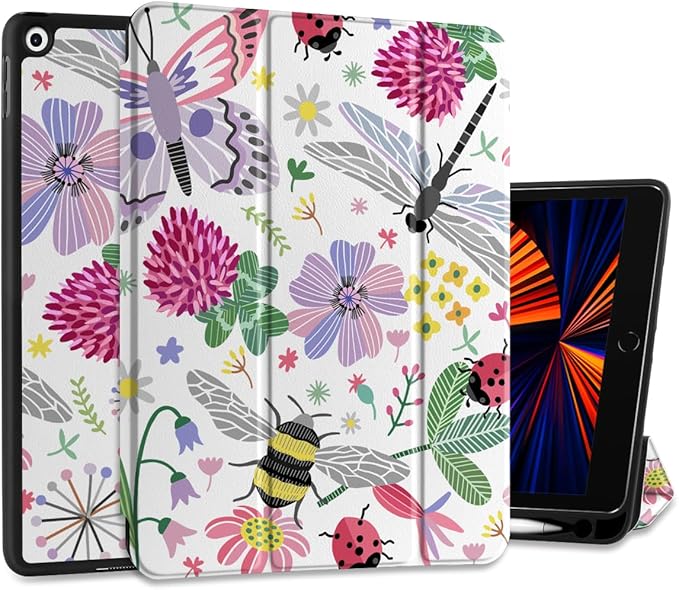 DONGKE Case Compatible with iPad 10.2 Inch 2021 2020 2019 iPad 9th/8th/7th Generation with Pencil Holder Slim Stand Protective Case with Soft TPU Back Auto Sleep/Wake Cover Dragonfly
