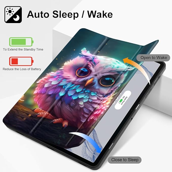 Tuiklol Case for Samsung Galaxy Tab S9 FE (5G) 10.9 inch &amp Tab S9 11 Inch 2023 Release Built-on S-Pen Holder Slim Hard Shell Case Smart Trifold Stand Cover Auto Wake/SleepRainbow owl