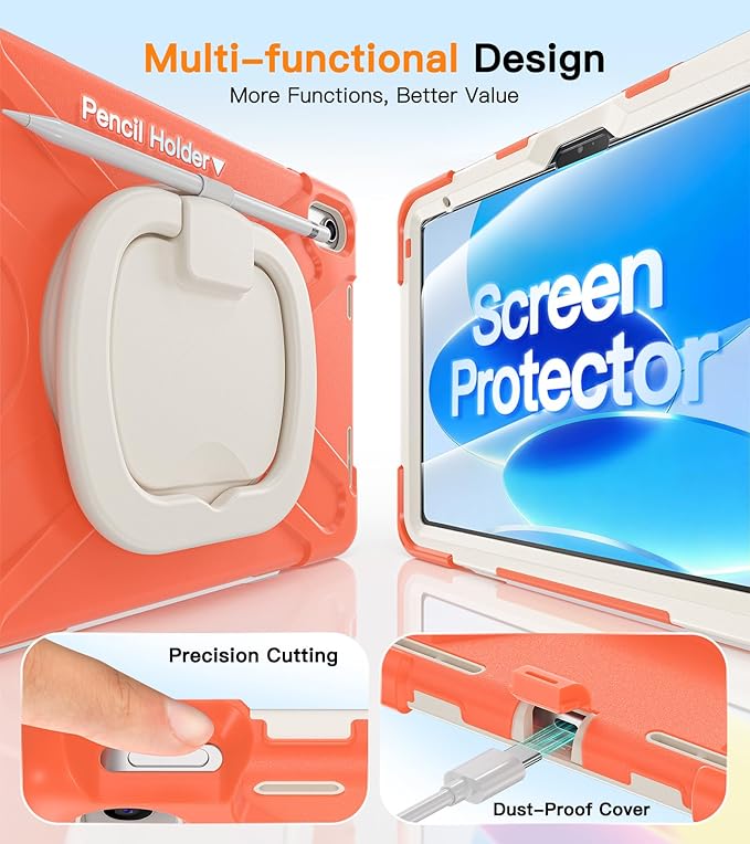 BATYUE Case for iPad (A16) 11th/10th Gen 11''/10.9'' 2025/2022 - Heavy Duty Shockproof Cover with 360° Rotating &amp 180° Folding Stand Screen Protector Shoulder Strap &amp Pencil Holder | Coral O