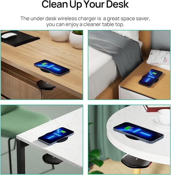 KPON Invisible Wireless Charger30mm Under Desk Charger Mat Furniture Table Nightstand Desktop Charging Station for iPhone17/16/15/14/13/12/Samsung/LG/Google Pixel Desk Essentials(with QC Adapter)