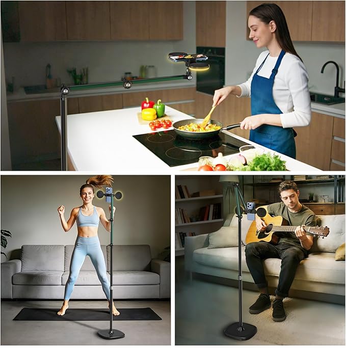 Overhead Phone Mount with Light Cell Phone Stand for Video Recording 360 Degrees Swivel Tilt Adjustable Floor Camera Filming Tripod. Content Creator Phone Holder for iPhone/Android (L11)
