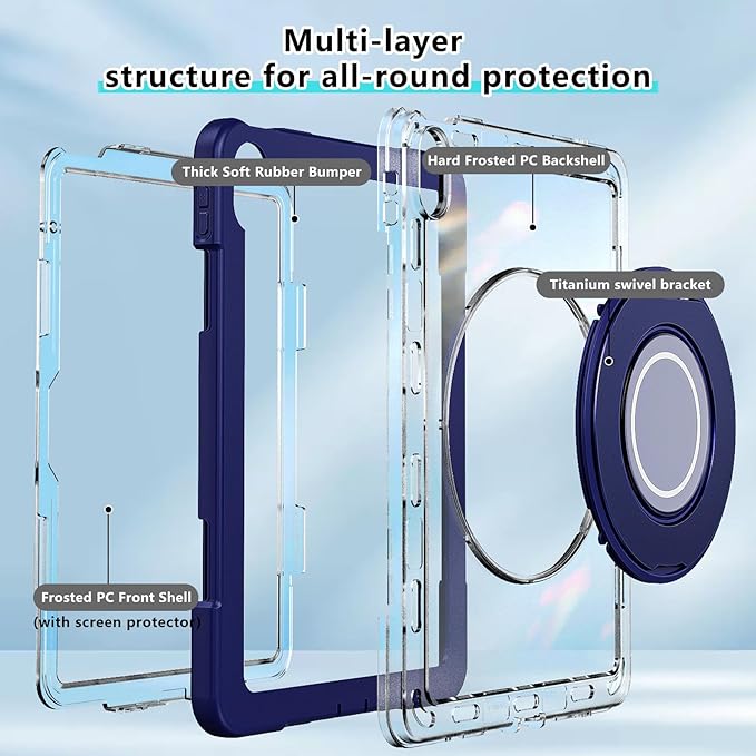 Case for iPad (A16) 11th /10th Generation 11 Inch 2025/10.9 inch 2022with Screen Protector360 Rotating Metal StandClear BackHeavy Duty Shockproof for Kids Case Navy Blue