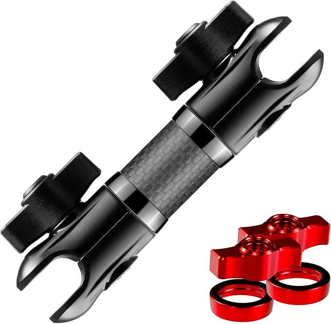 Tackform 5 Long 20mm Ball and Socket Arm DuraLock 20 Series Carbon Fiber Arm | Dual 20mm Sockets with Optional Anti-Theft Knobs | Black with Red Billet Accent Kit