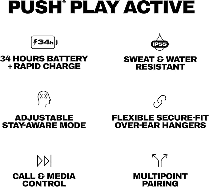 Skullcandy Push Play Active Wireless Earbuds Bluetooth Headphones Noise Isolating Fit 34 Hrs Battery Secure-Fit Over-Ear Hanger Sweat Water Resistant Microphone for iPhone Android - Preppy Blue